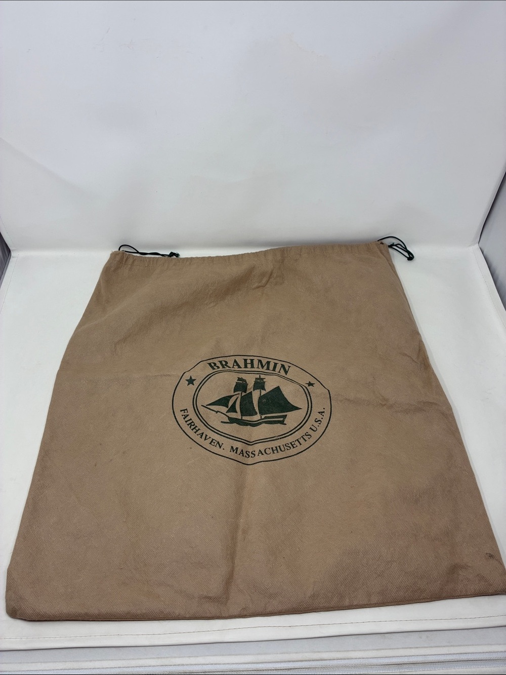 Brahmin Tan Drawstring Dust Bag with Dark Green Logo- Large
